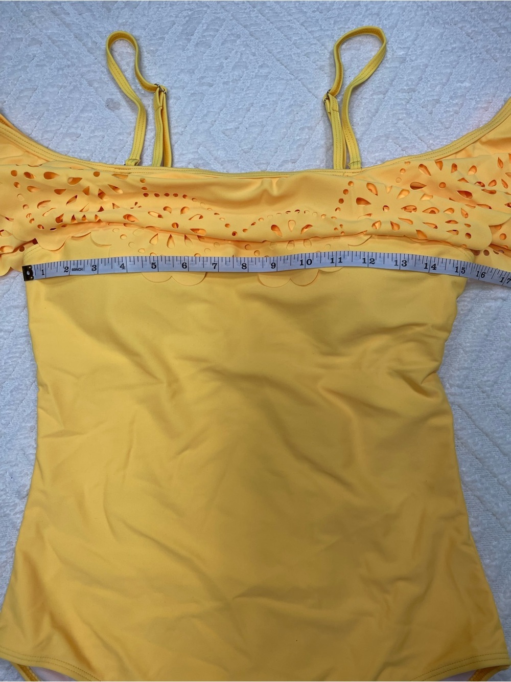 Holipick Yellow Off-the-Shoulder One-Piece Swimsuit with Eyelet Ruffle Size L - Picture 11 of 15